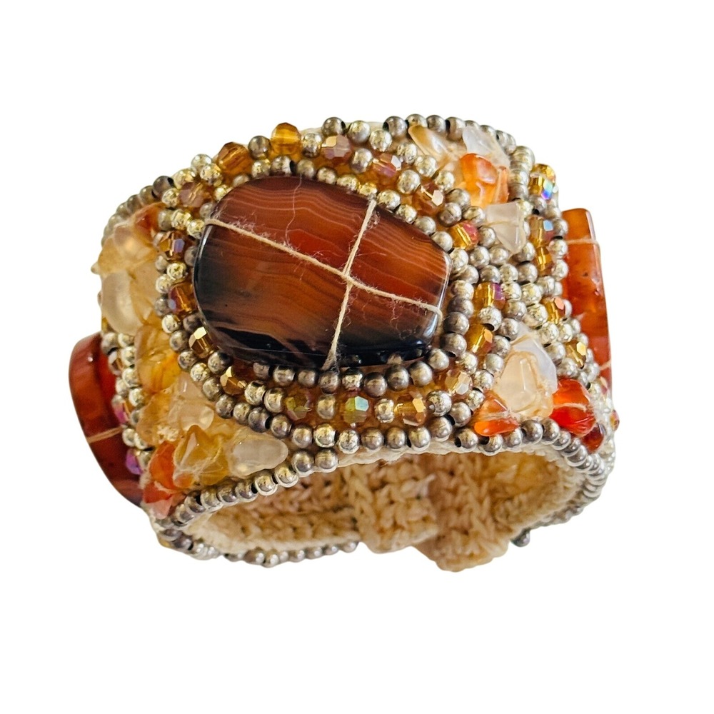 Carnelian slice stone quilted Crochet‎ Bracelet cuff chunky Beads natural BOHO